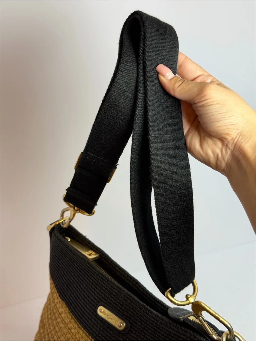 Eric Javits Woven Escape Shoulder bag in a Black and Natural Straw Colorway